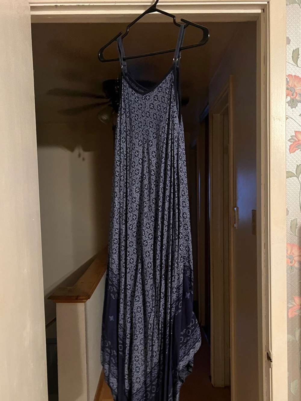 Flowing Navy Printed Maxi Dress with Handkerchief Hem